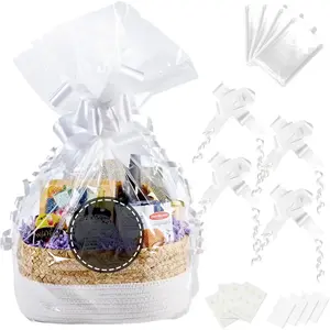 Cellophane Gift Basket Supply Kit, Includes 4 Clear Basket Bags, 4 Easy-pull Bows,4 gift tags and 24 adhesive dots. Create 4 elegant gift baskets with this kit.