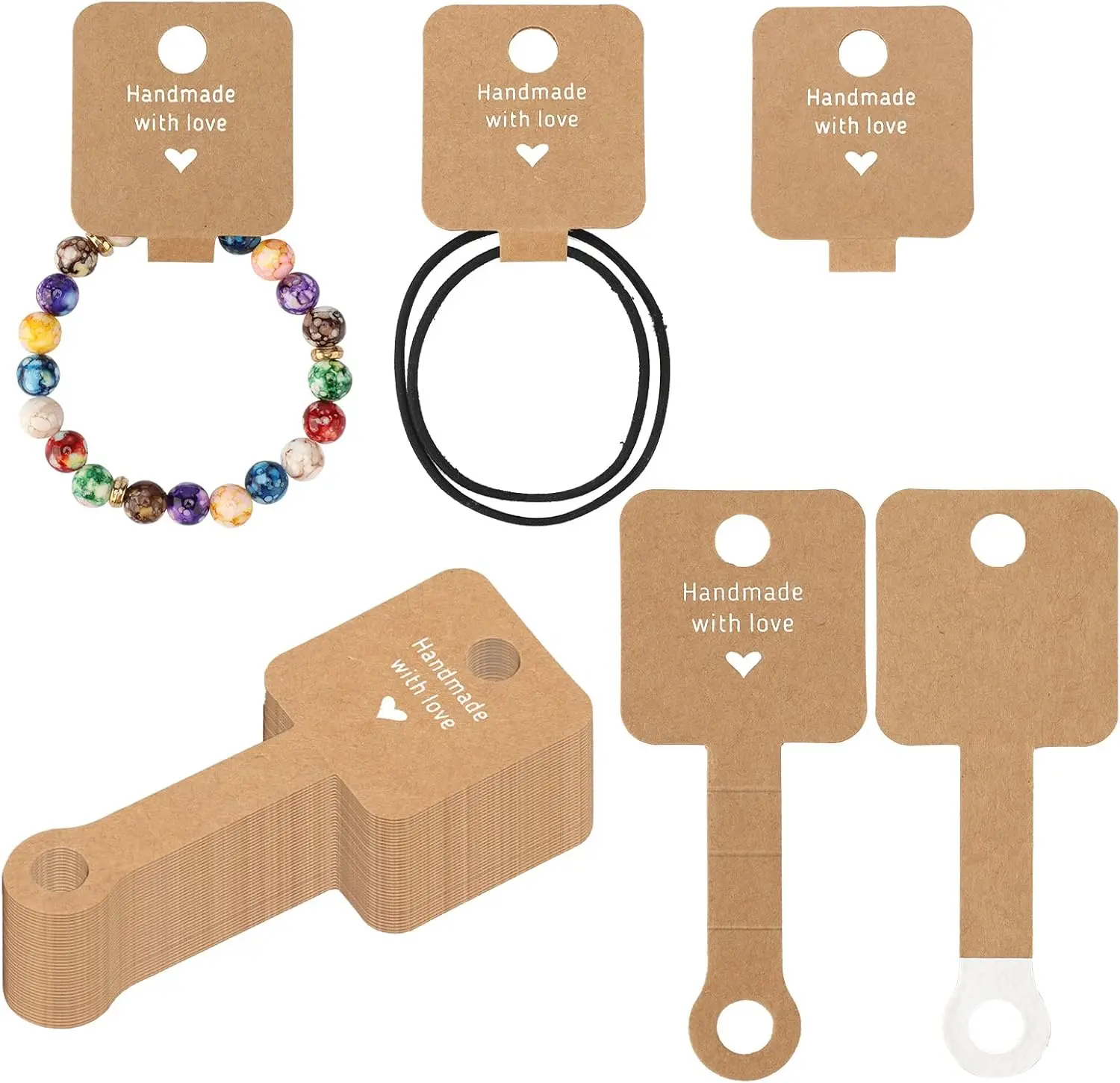 100Pcs Self Adhesive Bracelet Display Cards,Kraft Handmade with Love Blank Cards, Jewelry Packaging for Selling, Hanging Display Cards for Jewelry, Bracelet, and Necklace(4“x1.5