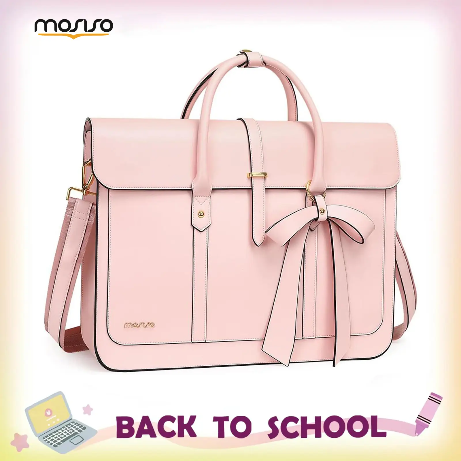 MOSISO 14-17.3 Inch PU Leather Laptop Bag for Women, Convertible Briefcase Backpack with Bowknot, Crossbody Shoulder Work Tote with 3 Compartments, Ideal for Office, Travel, Shopping & Daily Commute Business Computer Bag Working Bag