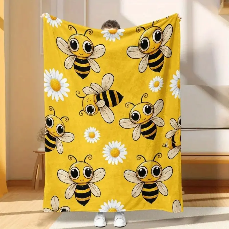 Retro Yellow Bee Daisy Print Throw Blanket, Ultra Soft Plush Flannel, Wrinkle-Resistant, Breathable, All-Seasons Brushed Fabric for Bedroom Couch Farmhouse Decor, Christmas Gift for Nature Lovers Women