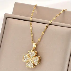 18K Gold Plated Stainless Steel Four-Leaf Clover Pendant Necklace with Rhinestones Elegant French Style Jewelry for Daily Wear Gift for Girlfriend Mardi Gras All Seasons skippy valentines gift