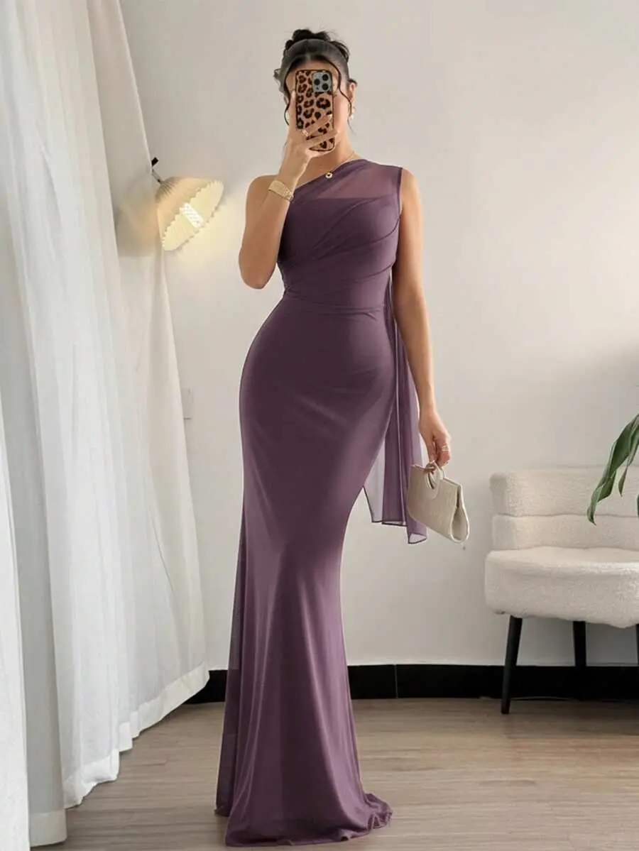 GLAMOUR Women's Deep Purple Summer Elegant Dining Asymmetrical Neck Bodycon Maxi Dress, Wedding Guest Prom Party Birthday Beach Vacation Dress