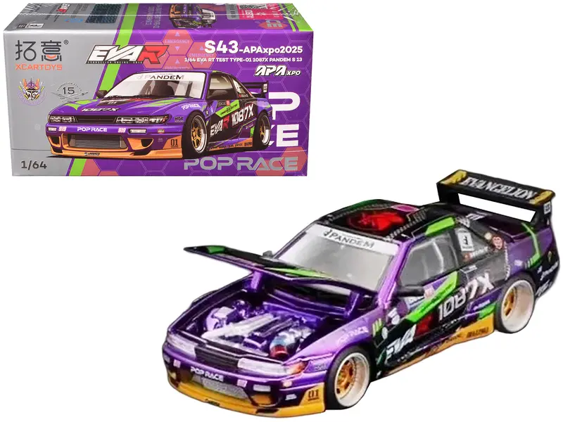 Nissan S13 1087X Pandem RHD "EVA RT Test Type-01" Purple Metallic w/Graphics "APA XPO 2025" 1/64 Diecast Model Car by Pop Race