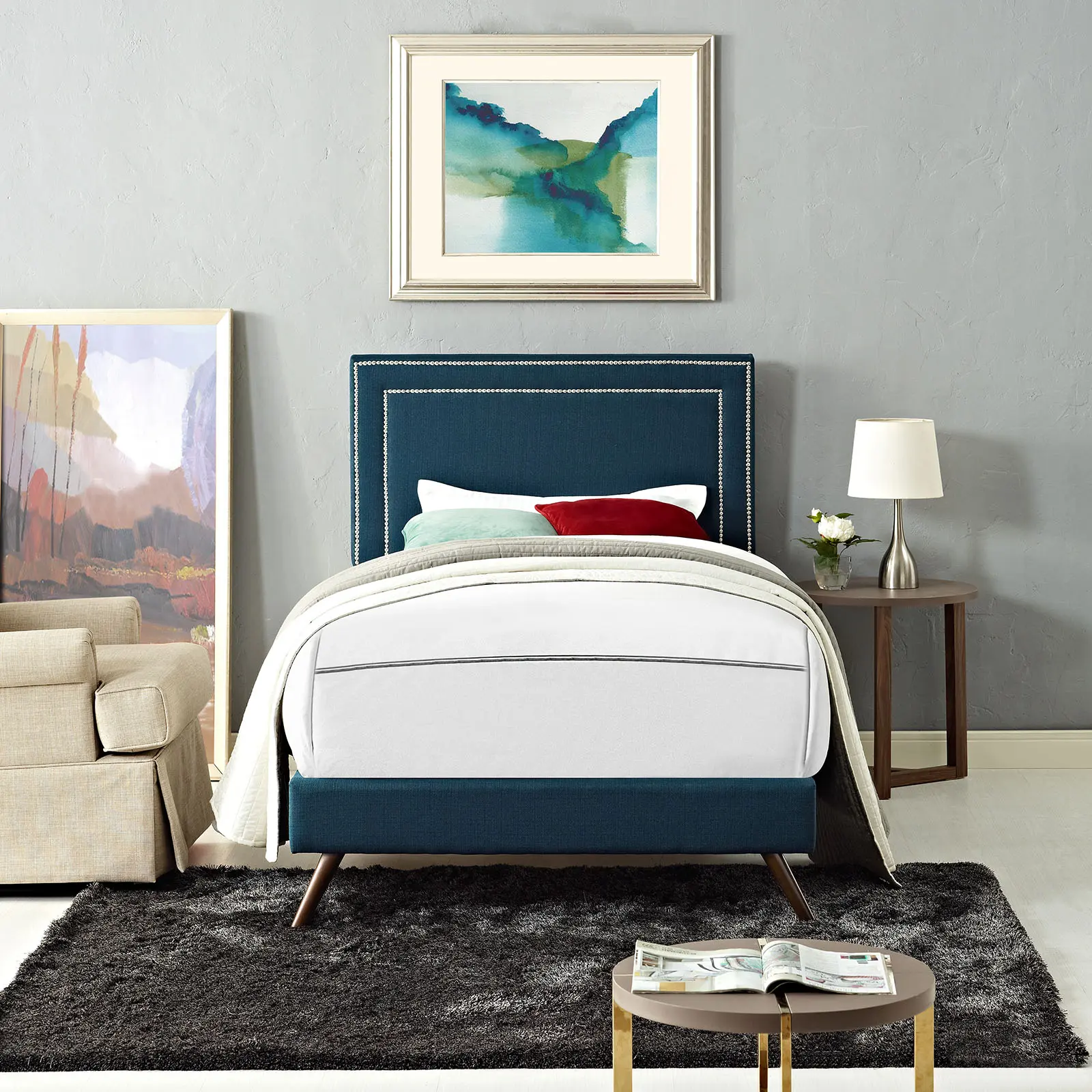 Modway Jessamine Twin Fabric Platform Bed with Modern Wooden Headboard, Wooden Bed Frame, and Round Splayed Legs in Azure