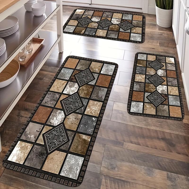 Kitchen Floor Mat, Classic Geometric Stone Pattern 2D Printed Carpet, Non-woven Fabric Material Is Soft, Comfortable and Easy To Clean, Suitable for Bedroom, Bathroom Entrance Laundry Room Home Decorative Rugs Household Decorative Rug