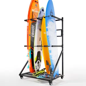 Vantage Mounts Freestanding SUP and Paddle Board Stand with Padded Arms, Mobile Carbon Steel Organizer for Garage & Surf Shop, Heavy Duty Vertical Storage Rack for 4 Boards, Fits Longboard, Shortboard, and Snowboard