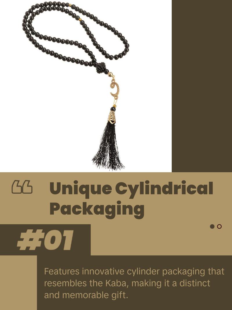 Kaba Cylinder Gift Box Set with Prayer Mat & Prayer Beads - Black