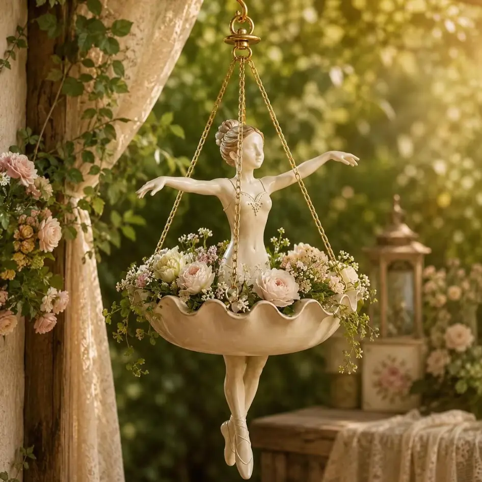 Resin Hanging Ballerina Girl Flower Planter with Golden Chains - Vintage Elegant Plant Pot for Outdoor Garden, Patio Decor - Unique Succulent/Small Flower Vase, Home Improvement Gift