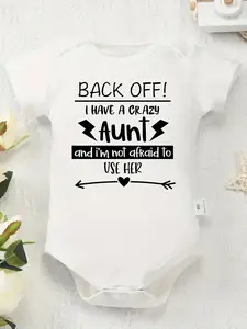 Cotton Youngsters Onesie - Fun "Back Off! I Have a Crazy Aunt" Letter Print, Soft & Comfortable Round Neck, Casual Summer Romper for Youngsters