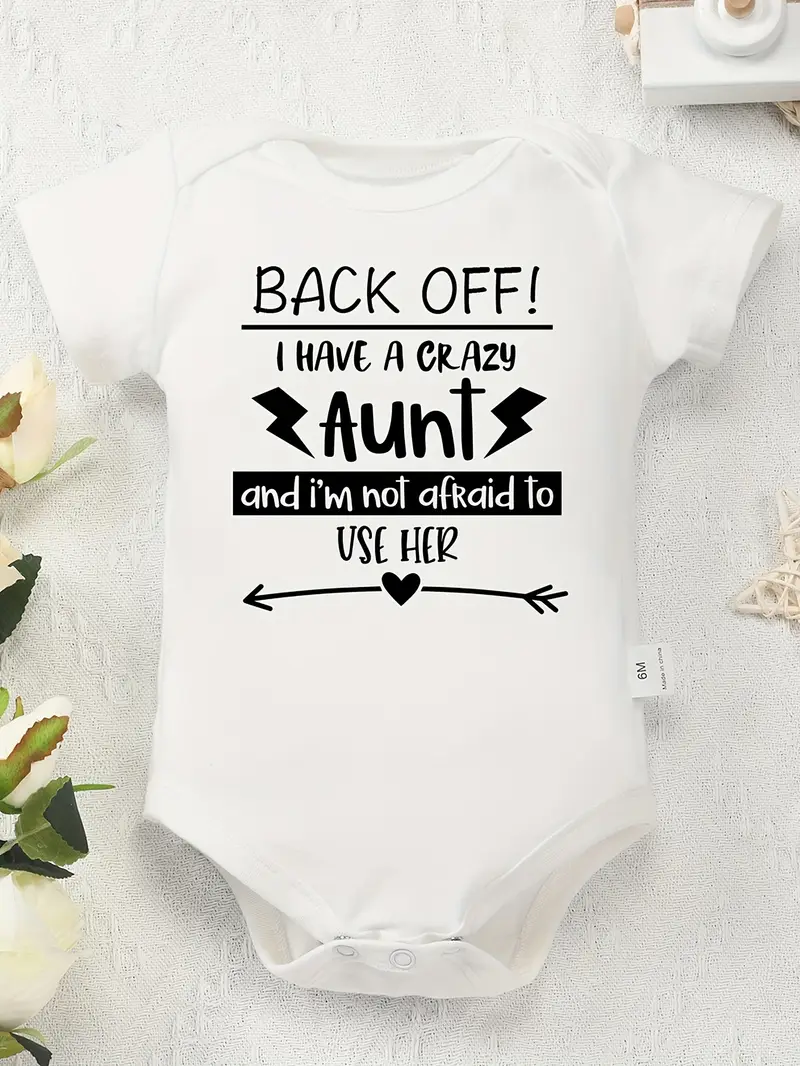 Cotton Youngsters Onesie - Fun "Back Off! I Have a Crazy Aunt" Letter Print, Soft & Comfortable Round Neck, Casual Summer Romper for Youngsters