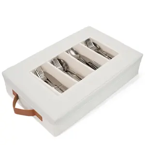 Homelux Theory Silverware Organizer with Lid Hard Shell China Storage Containers for Flatware Storage Heavy Duty Silverware Storage Box for Packing Serving Utensils with 5 Dividers and Thick Surface