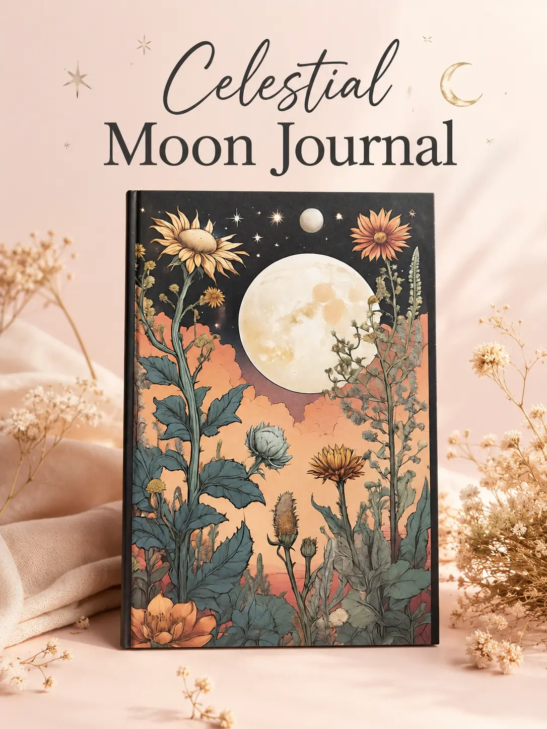 Celestial Moon 6x9" Paperback Notebook, 6x9 Inches, 120 Lined Pages, Floral and Cosmic Illustrations, Witchy Cottagecore Office Stationery, Gift for Spiritual Softies