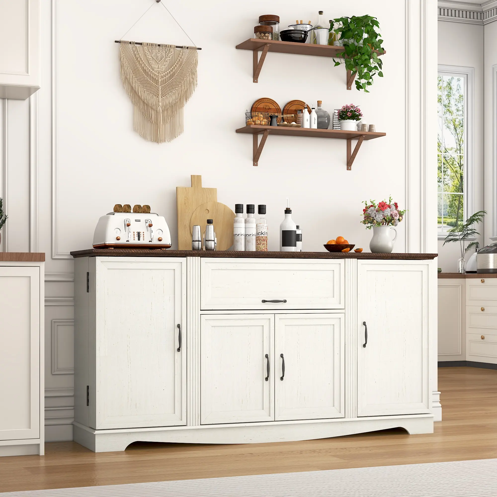 65" Sturdy Farmhouse Entryway Buffet Sideboard - Self-Assembled Wood Coffee Bar, Kitchen Storage Cabinets, Console Unit With Drawers For Storage & Adjustable Shelves, Engineered Wood Organizer For Dining Room