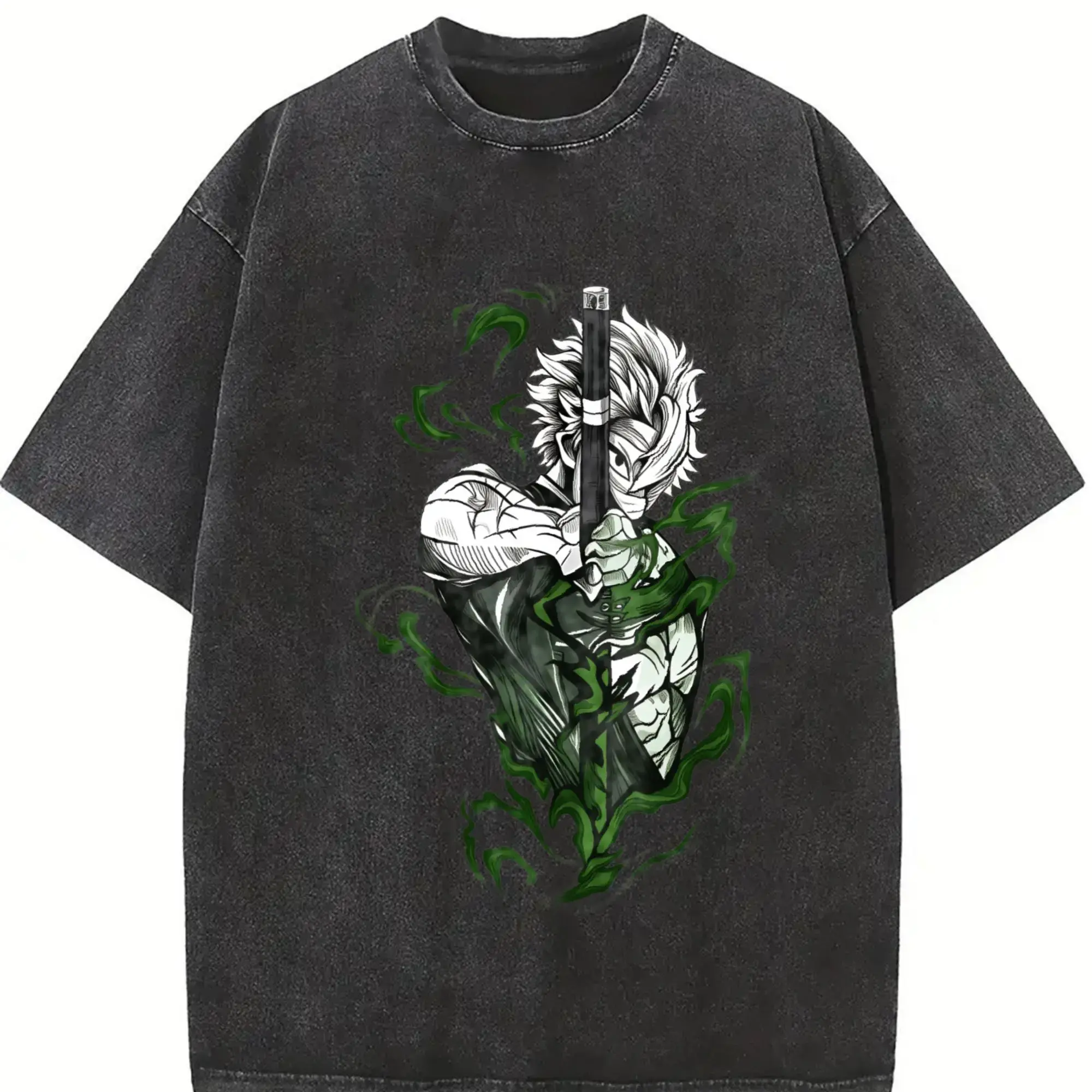Unisex Acid Washed Short Sleeve T-Shirt - Double Printed Demon Slayer Sanemi Graphic, Oversized 100% Cotton Streetwear with Ribbed Round Neck, Apparel, Shortsleeve Menswear Soft, Classic, Graphic Tee, Free Expedited Shipping