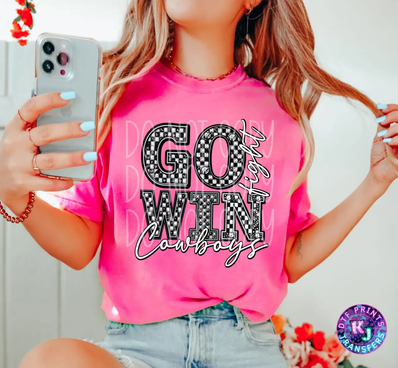 Rhinestone Go Fight Win Cowboys Design DTF Transfer | Ready For Press | Sublimation Transfer | Premium Quality DTF | Stylish DTF | Rhinestone DTF Transfer