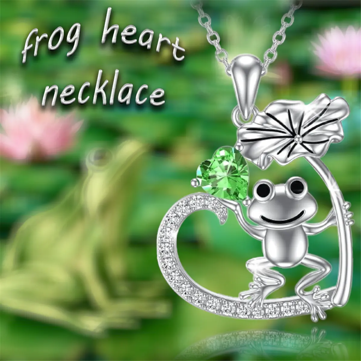 Exquisite Artistic Frog on Lotus Leaf Heart Necklace - Sparkling Green Zircon Accent, Whimsical Nature-Inspired Alloy Pendant, Unique Jewelry Gift for Women
