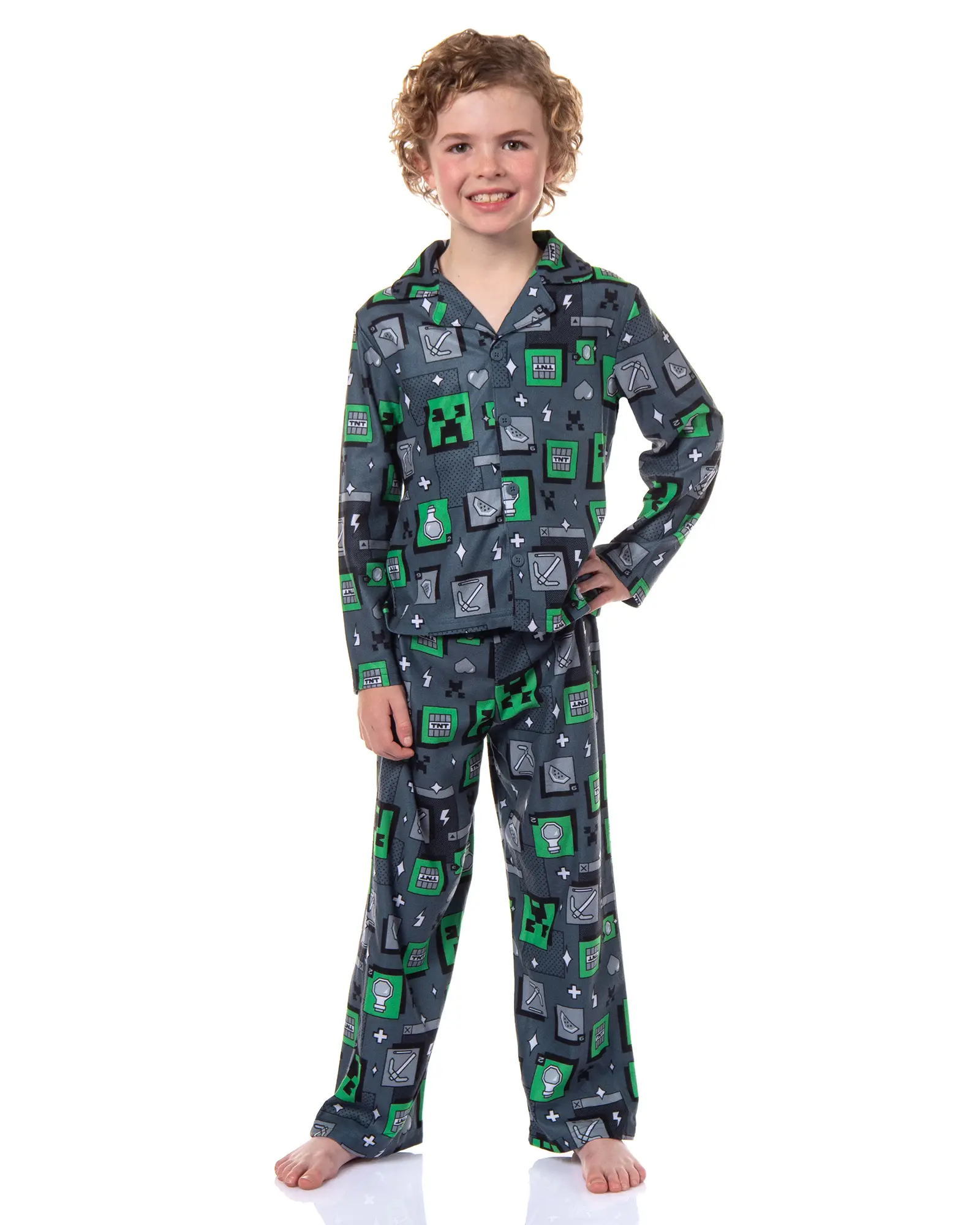 Minecraft Pajamas Kid's AOP Creeper Block Head & Icons Print 2-Piece Long Sleeve Button Down Coat PJ Pant Set Boys Girls, Birthdays, Cartoon Character Pattern Pajama Sets