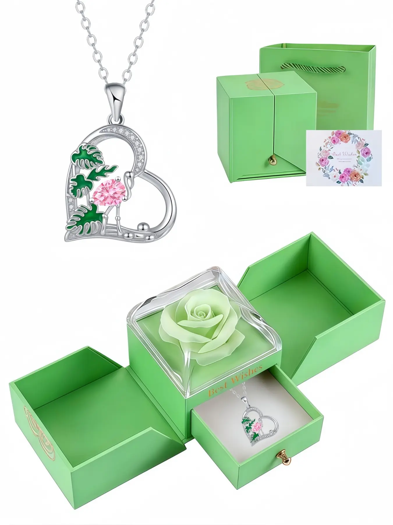Flame Feather Heart Stylish flamingo heart necklace with diamond inlay, versatile clavicle chain. Paired with double-door preserved rose jewelry box. Suitable for birthday, Mother's Day and Valentine's Day gifts.