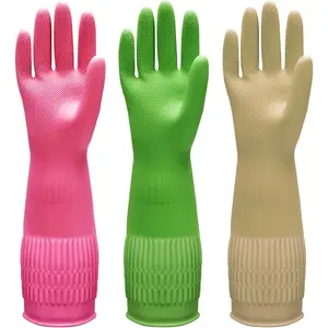 Long Rubber Gloves 3-Pairs, Reusable Non-Slip Dishwashing & Cleaning Gloves, Heavy Duty Waterproof Kitchen Gloves (Multi-Color, Medium) Hand
