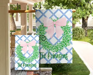 [Sale off up to 65%][Free Ship][No Pole] Personalized Garden Flag Preppy Bow Wreath Coquette Last Name Sign Yard Art Grand Millennial Custom Decor Porch Flag Plaid Patio