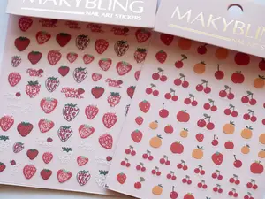 Strawberry Calligraphy Nail Stickers & Fruit Mix Decals | Cherry Orange Apple Nail Art | Cute Kawaii Summer Nails