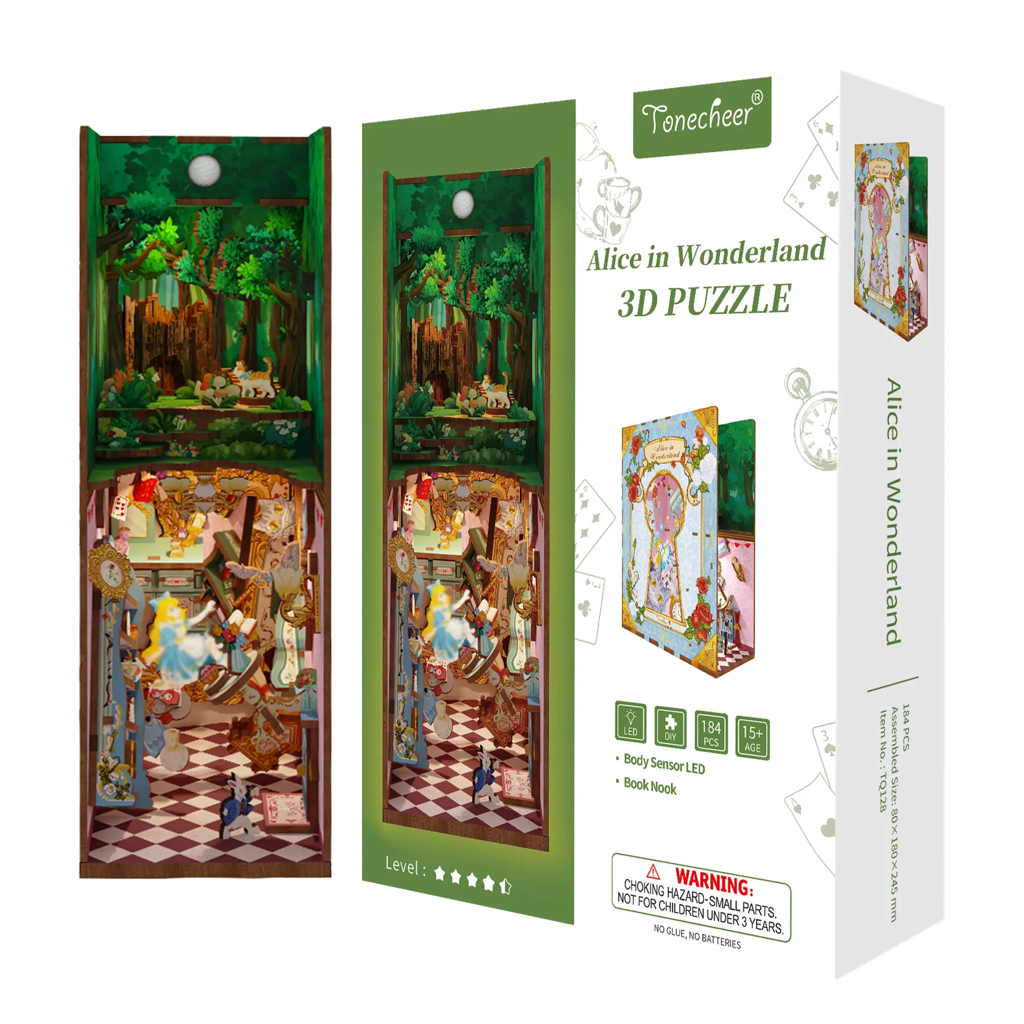 TONECHEER 3D Wooden Handmade Puzzle - Alice in Wonderland Themed DIY Book Nook Kit, Unisex Crafts Gift, Collectible Toy for Kids