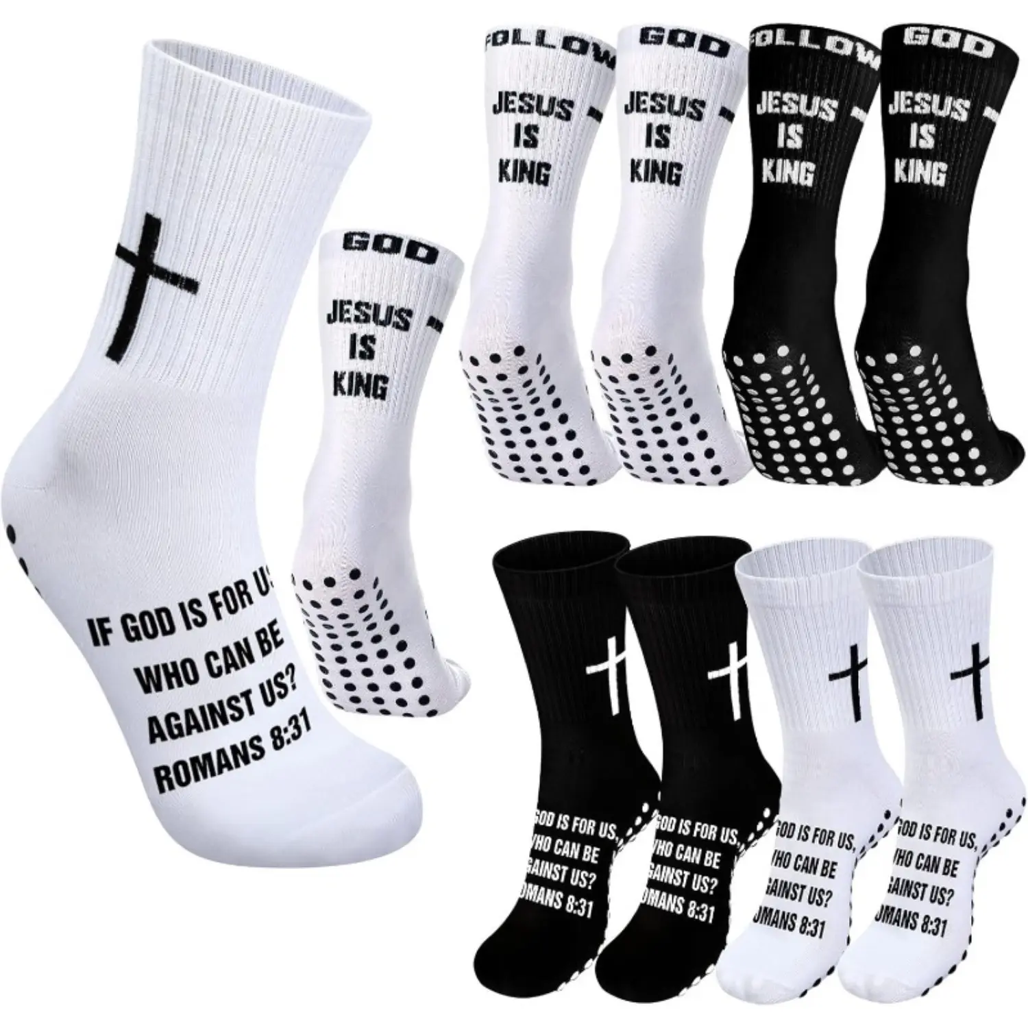 Women's Solid Cross-Grip Knee Socks - 2/3/4 Pairs, 2-Pair Black+White Option, Anti-Slip Rubber Dots, Bible Verse Religious Jesus Design, All Seasons, 1 Size, Ideal for Soccer, Grip Socks, Black-And-White Mid-Calf Socks, Dot Mid-Calf Socks