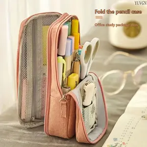 Portable Double-Layer Pencil Case, Large Capacity Foldable Stationery Organizer, Multi-Purpose Canvas Storage Bag for Pens, Markers, Stickers & Sticky Notes, Ideal for School, Office & Travel Essentials, 1pc