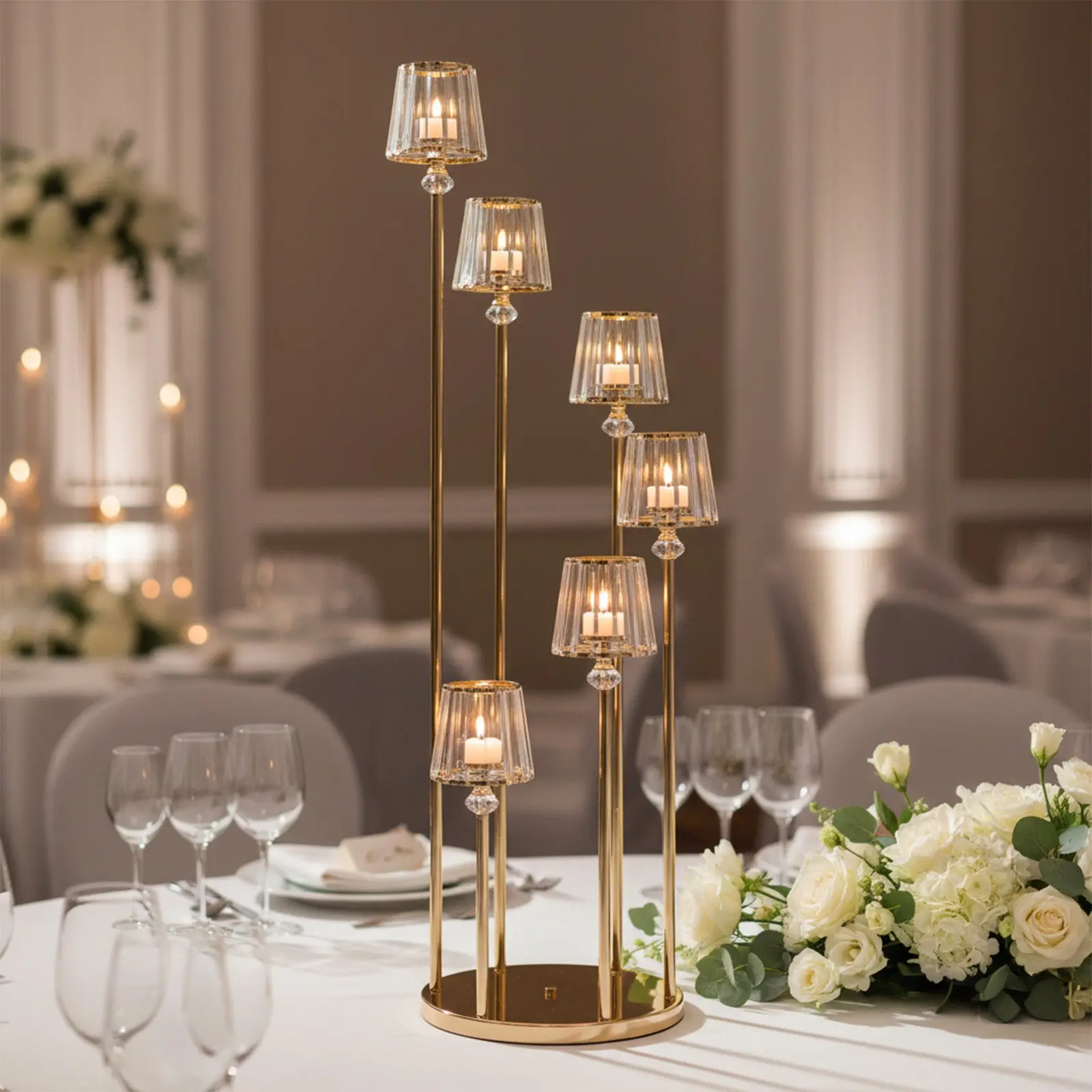 6-Arm Clustered Crystal Accents Classic Candelabrum Candle Holder, 4ft Gold Metal Candle Stand with Round Base - Home Decor, Table Centerpiece for Weddings