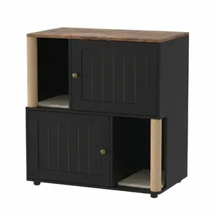 GAOMON Double Cat Litter Box Enclosure Furniture with Scratching Post, 2-in-1 Hidden Litter Box Cabinet with Litter Mat, Large Litter Box Enclosure for 2 Cats, Slotted Door-Black