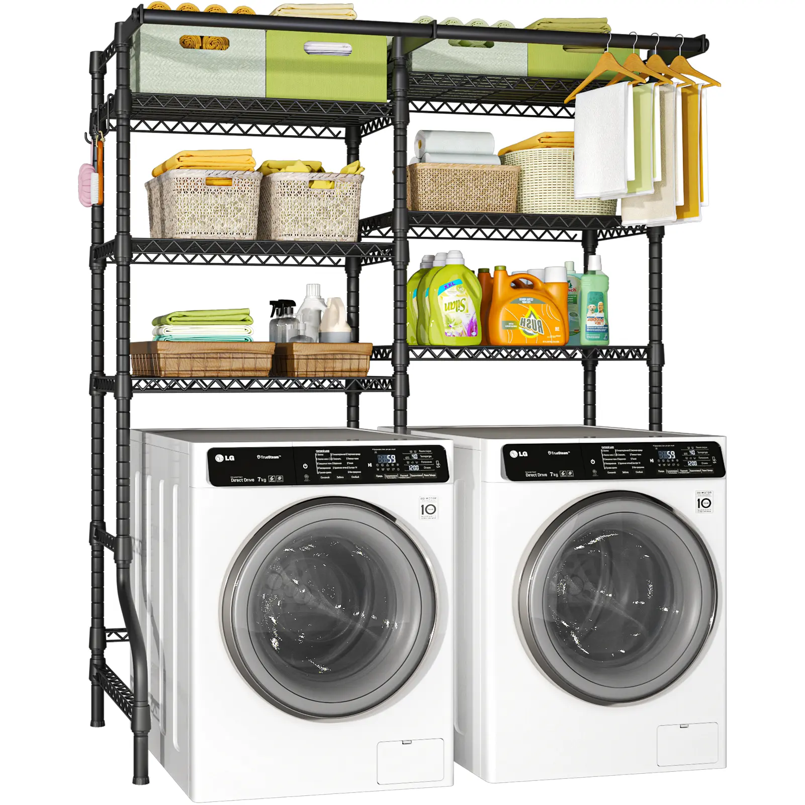 6-Tier Metal Washer and Dryer Organizer Storage Shelf, Standing Utility Rack with 2 Hanger Rods & Hooks, Space-Saving Laundry Holder, 57.8"W x 22"D x 77.4"H, Black