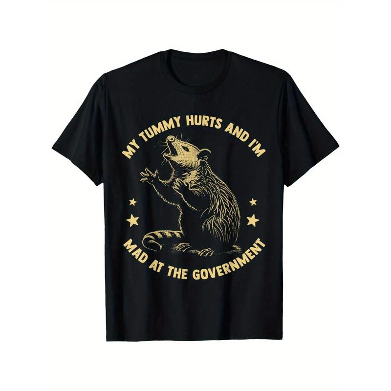 Funny 'My Tummy Hurts and I'm Mad at The Government' Graphic Tee - Unisex Casual Round Neck Short-Sleeve T-Shirt, Cotton, Slight Stretch, Black with Golden Print, S-XXXL, Everyday Tshirt Statement Tshirt double print oversize valentine gift