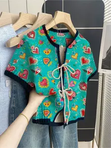Women's khaki bohemian vacation short-sleeve knit top. Loose round neck, contrast heart print, front tie and contrast piping. Comfortable for spring & summer casual wear.