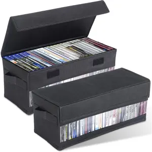 CD Storage Boxes - Pack of 2 CD Cases - 14" x 5.9" x 5.3" Disc Holders with Lids & Visual Window, Holds Up to 32 CDs in full jewel cases, 65 CDs in slim ca