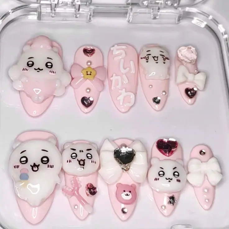 Chiikawa Press On Nails, Kawaii Anime Nails, 3D Character Art Pink Bow Pastel Y2K Fake Nails | Gift Set (Adhesive Tabs, Nail File, Cuticle Stick)