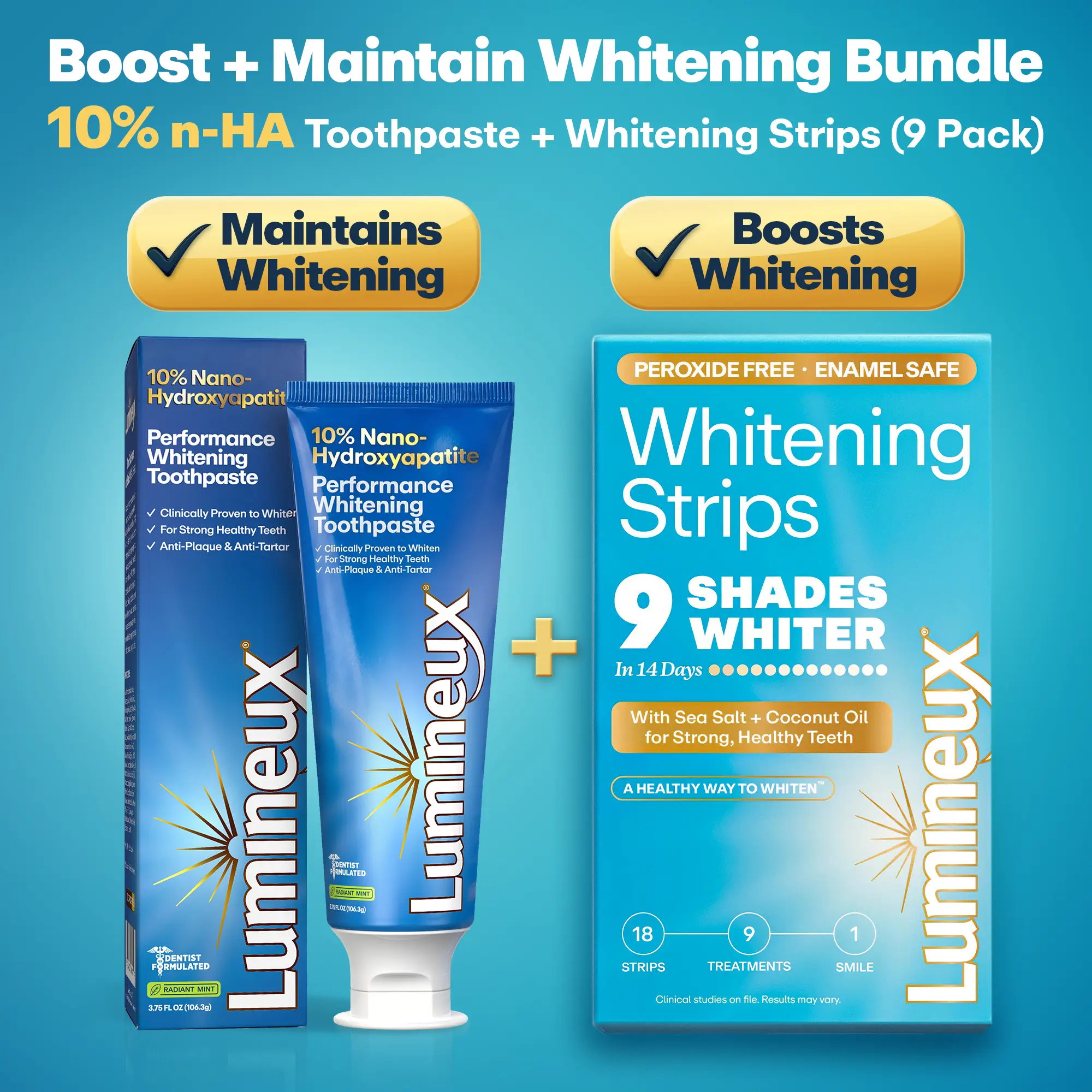 Lumineux Nano Hydroxyapatite Whitening Toothpaste & Strips Bundle | Fluoride & Peroxide Free | Enamel Safe | For Sensitive Teeth | 9 Treatments | Sea Salt & Coconut Oil | 3.75 oz