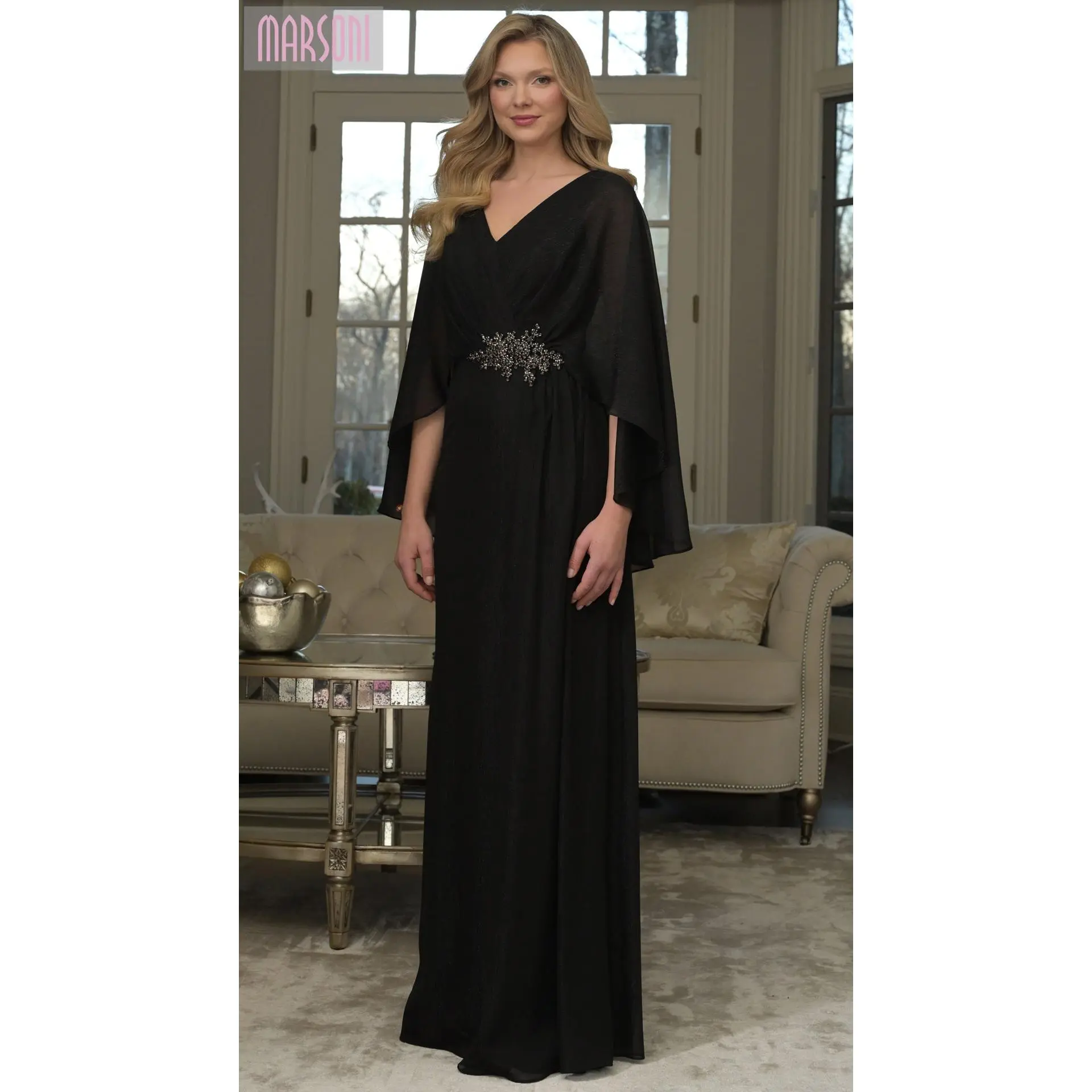 Marsoni MV1361 Beaded Applique Long Formal Metallic Mother of the Bride Dress