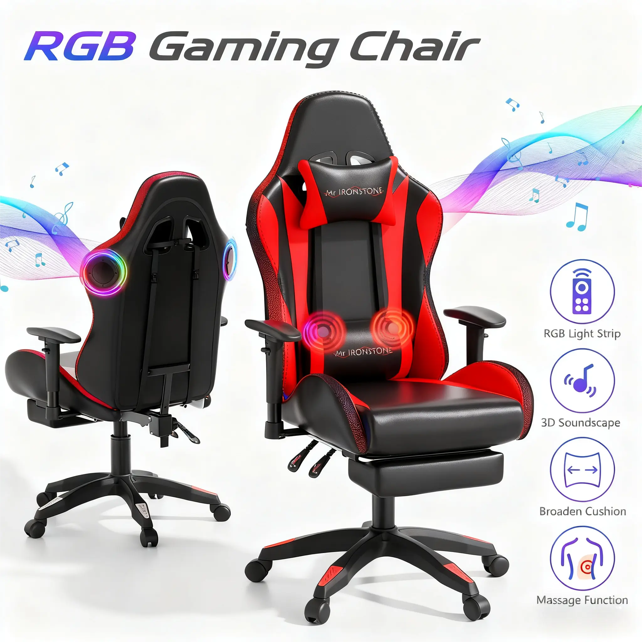 Red(LED Lights+ Speakers+2-Points Massage