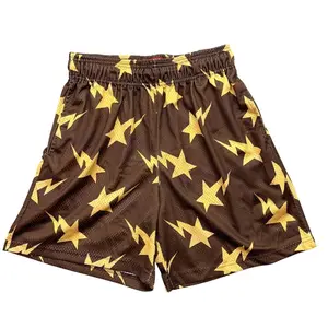 EE Mesh Shorts – Stars & Lightning Bolt Graphic, Brown Yellow Y2K Streetwear Mesh Shorts