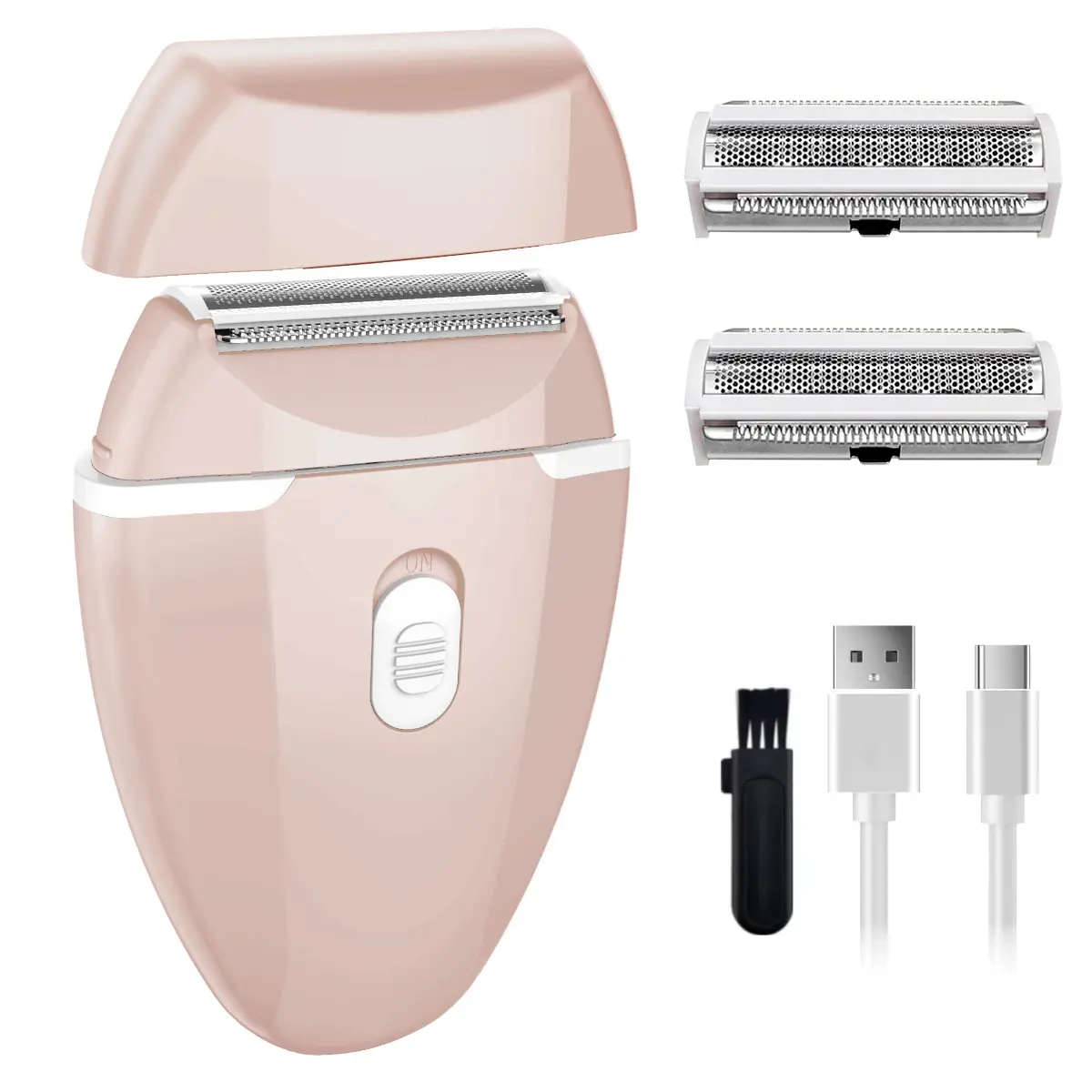 Women's Rechargeable Bikini Detachable Head Shaver Kit - Pink Cordless Electric Razor, 2 Replacement Blades, USB-C Fast Charging, Cleaning Brush, Compact Portable Easy-Operation Hair Remover