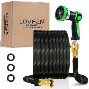 LOVFEN Garden Hose 100 Ft, Kink Free Flexible Water Hose With 10-Pattern Spray Nozzle, Lightweight Hose Pipe, Leak Proof, 3/4" Swivel Connectors, Super Fabric