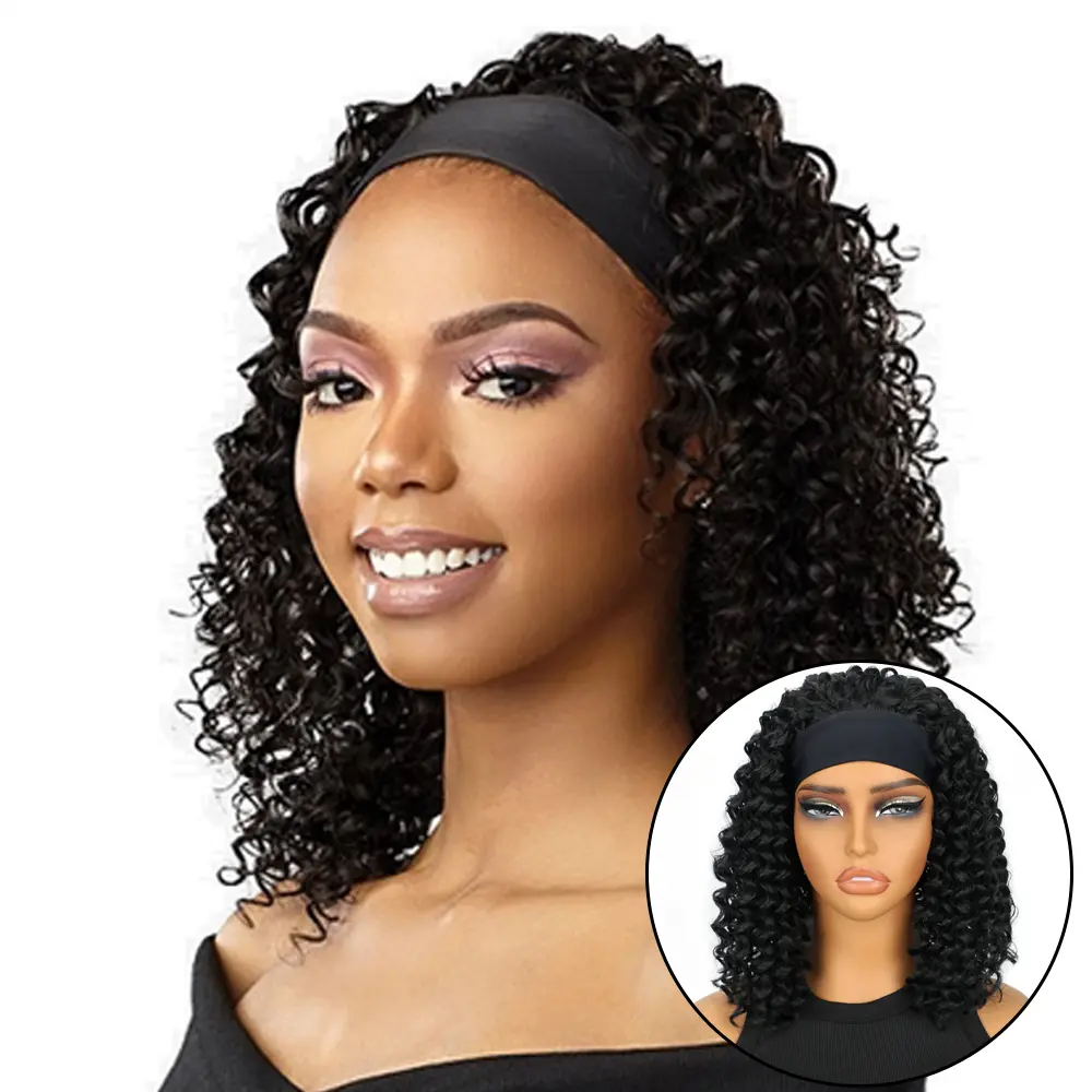 IVROSE Female Afro Black Kinky Curly Headband Wig, Synthetic Hair Glueless Lightweight and Comfortable Full Machine Wig for Daily, Party Use