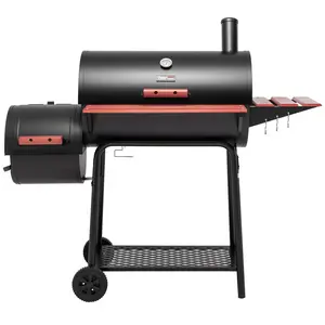Royal Gourmet 30-Inch Charcoal Grill with Offset Smoker, Offset Charcoal Grill with Wood-Painted Table, Barrel Charcoal Grill Barbecue