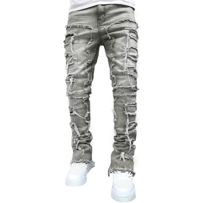 Mens Black Stacked Jeans Slim Fit Ripped Jeans Destroyed Straight Denim Pants Harajuku Hip Hop Trouser Streetwear