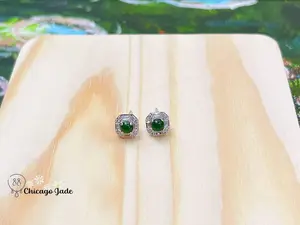 Square Jadeite Jade Jewelry Sterling Silver S925 Stud Earring with Baguette Zircon Halo