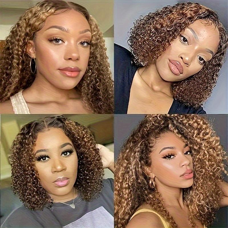 Fashion New Human Hair Bundles Highlight Honey Blonde Curly Bob Wig Human Hair 4/ 27 Ombre Highlight Lace Front Wigs Human Hair 13x4 Lace Short Curly Bob Wig Pre Plucked With Baby Hair 180% Density Wigs For Women