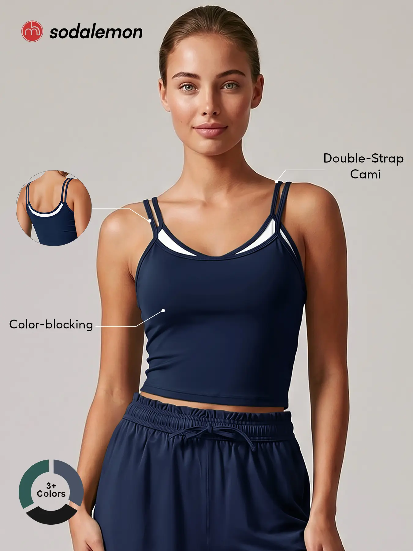 Sodalemon Women’s colorblock double-strap yoga tank top, scoop neck cropped workout cami, outdoor Pilates fitness activewear