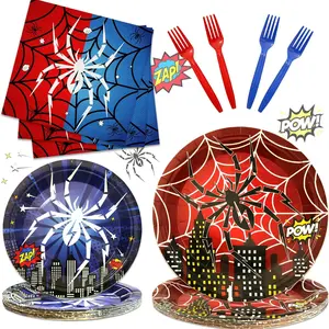 64Pcs Spider Party Tableware Supplies Including 32 Pcs Plates, 16 Pcs Forks and 16 Pcs Napkins, Superhero Theme Party Birthday Decorations