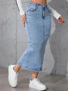 Women's Light Blue Light Wash Denim Midi Skirt, Casual High Waist Stretchy Jean Skirt, Versatile Summer Autumn Fashion, Simple and Elegant Design