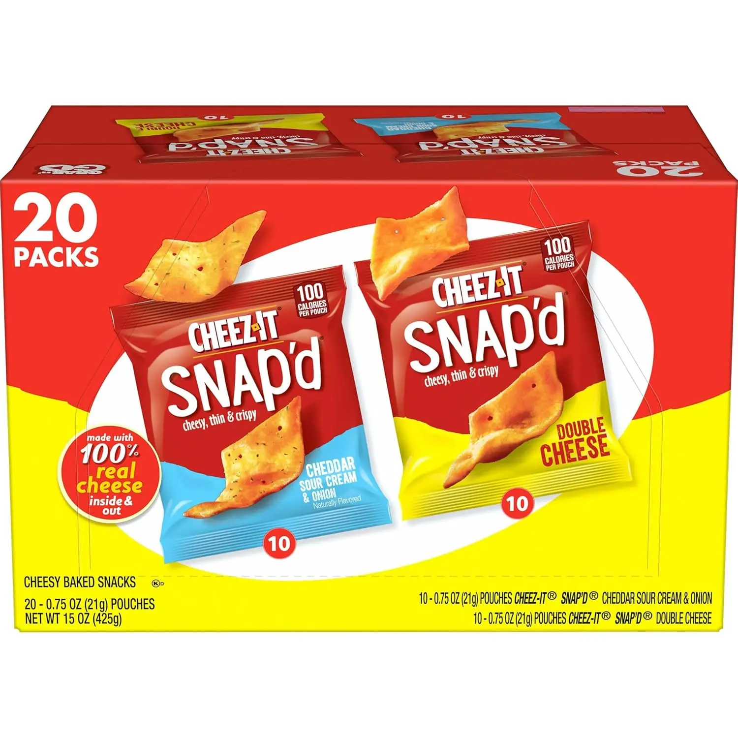Snap'd Cheese Cracker Chips, Thin Crisps, Lunch Snacks, Variety, 15oz Box (20 Packs)